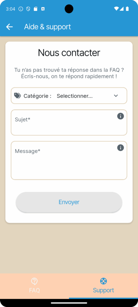 Écran du formulaire de contact Troovtoo pour envoyer un message à l’équipe depuis la section Aide & Support.