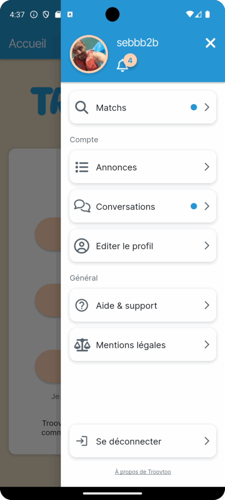Menu latéral avec accès Matches, Annonces, Conversations, Profil, Aide, Mentions légales.