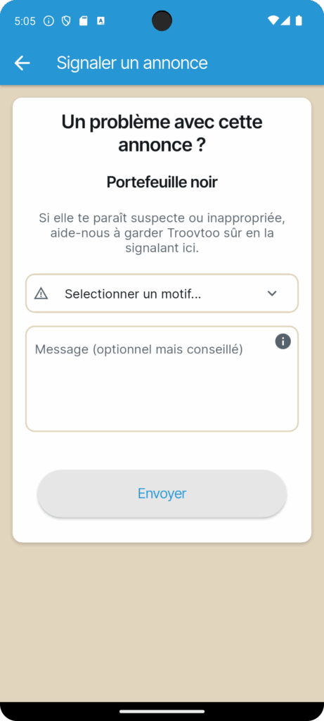 Écran de signalement d’une annonce avec champ de message et bouton Envoyer.